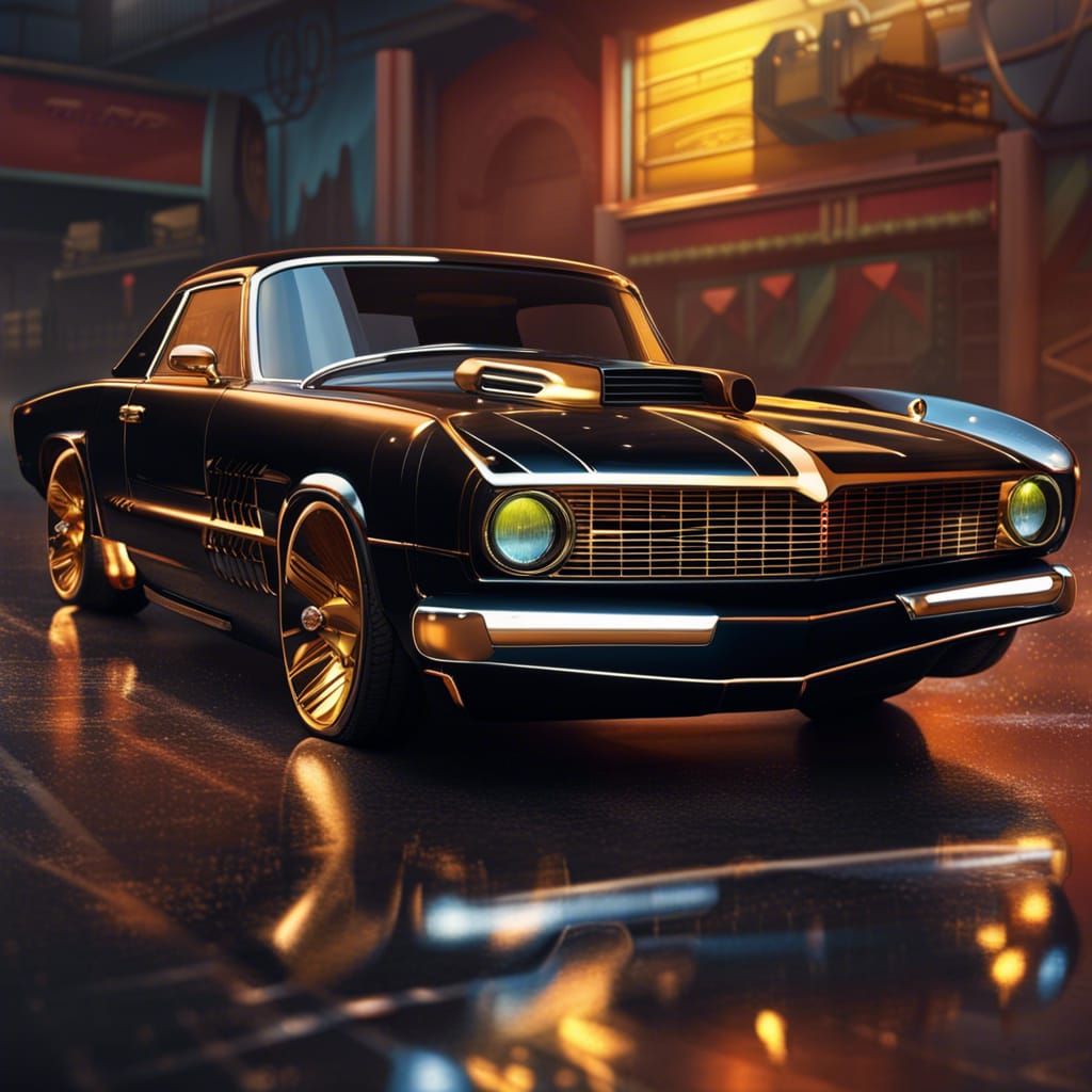 Black Ford Thunderbird with Gold Wheels: Hyperrealistic Art