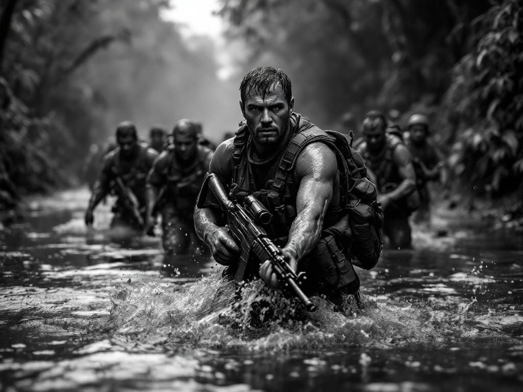 Jungle River Crossing: Soldiers in Gritty Realism Style
