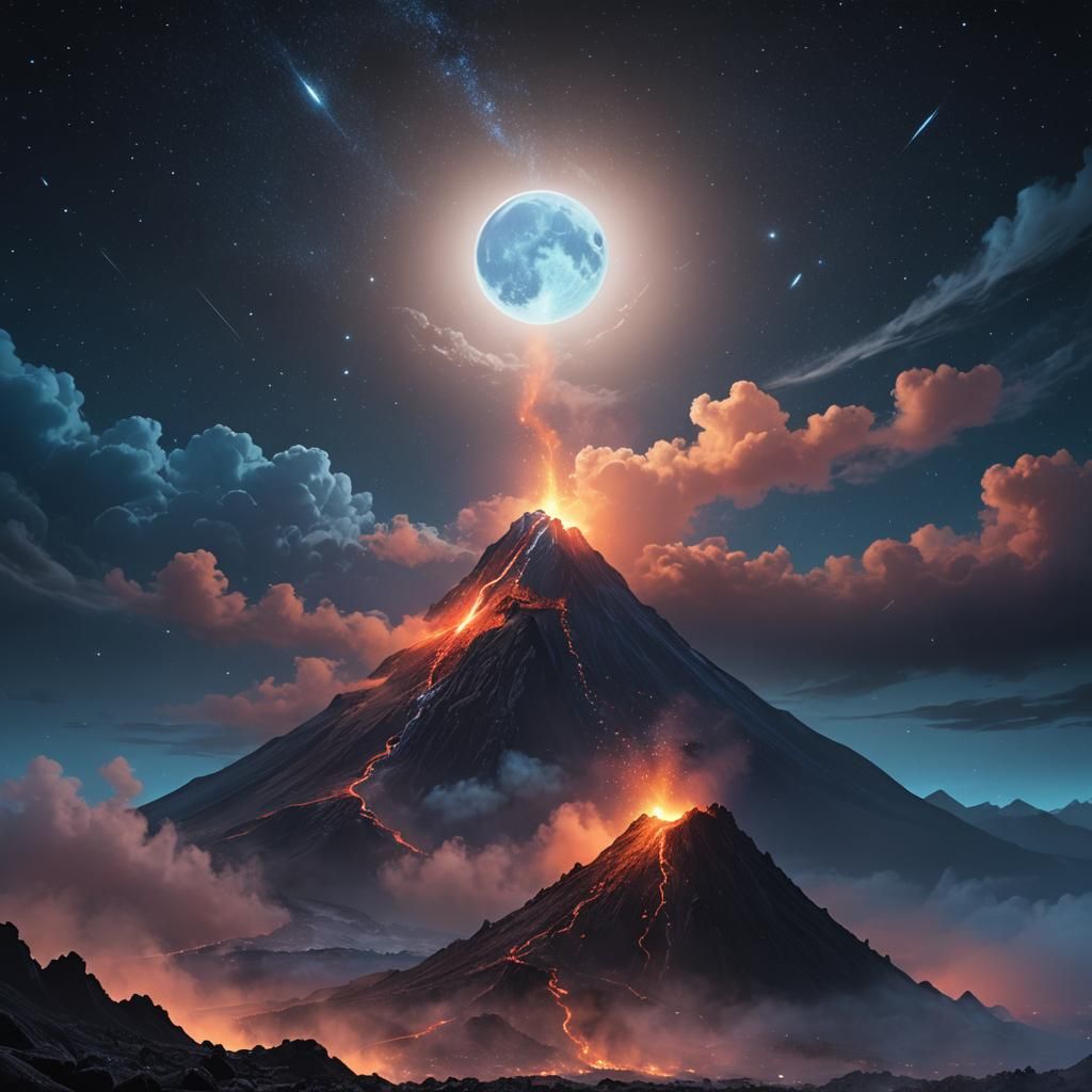 Volcanic Night Sky with Blue Moon, Dreamlike Art