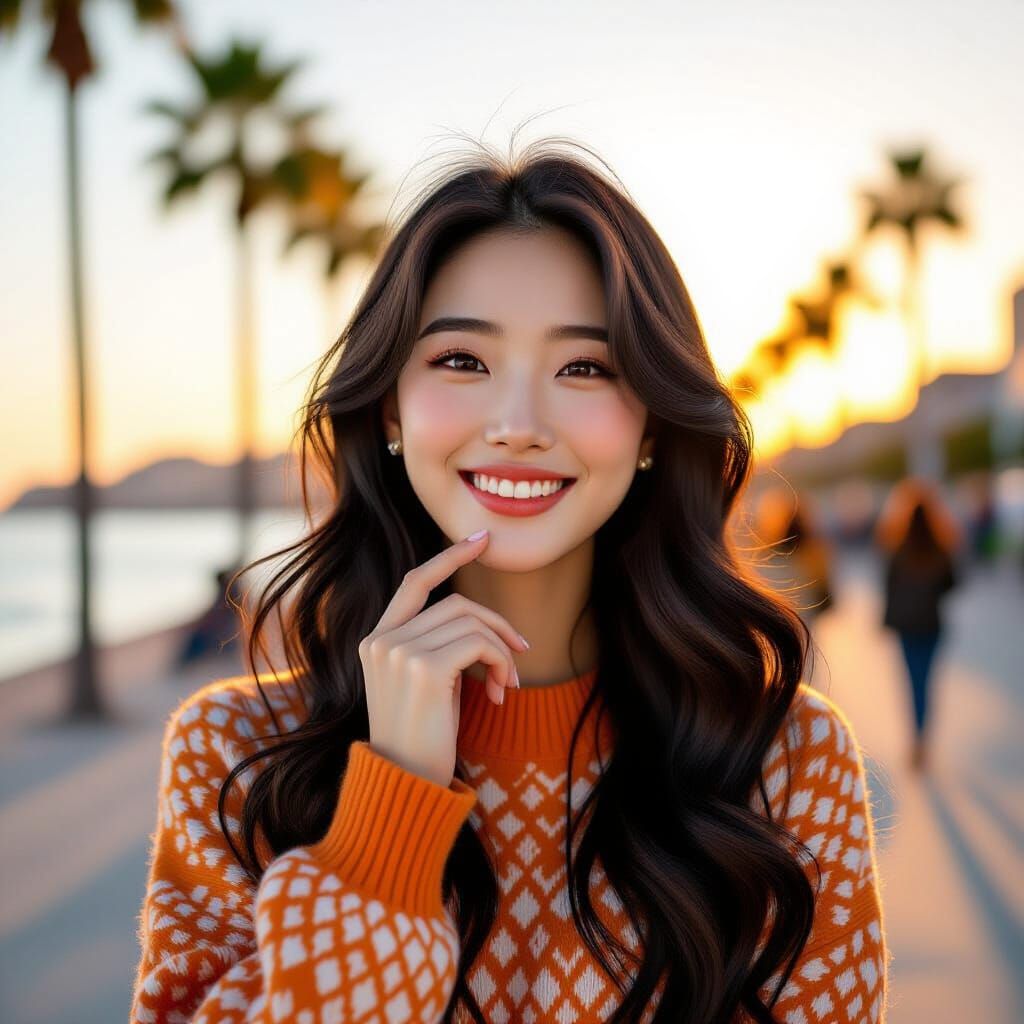 Korean Woman Smiling on Seaside Promenade at Sunset