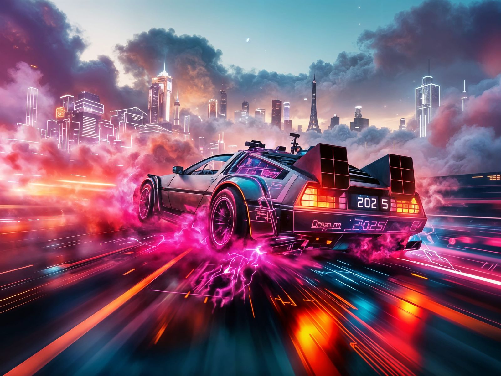 Stunning Cyberpunk Future Highway Scene with Flying Delorean