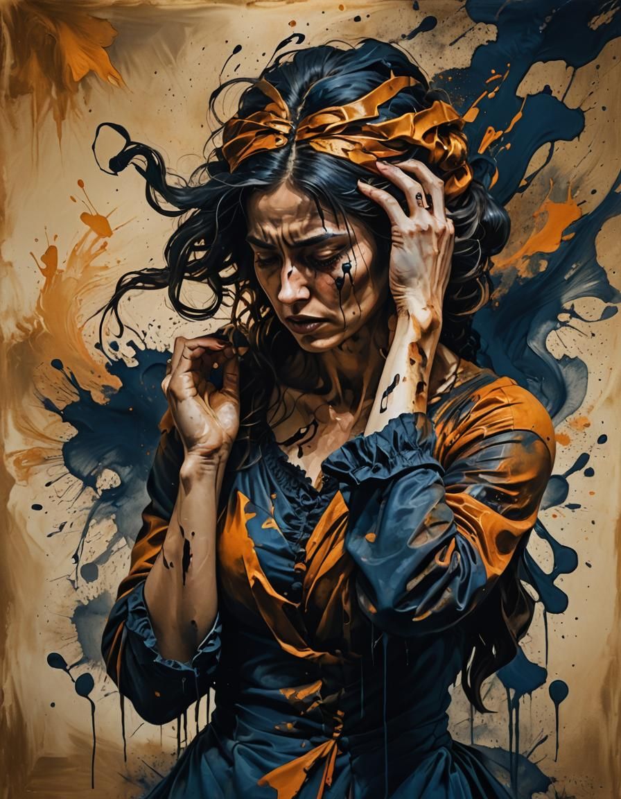 Tormented Woman with Flowing Ink in Baroque Style