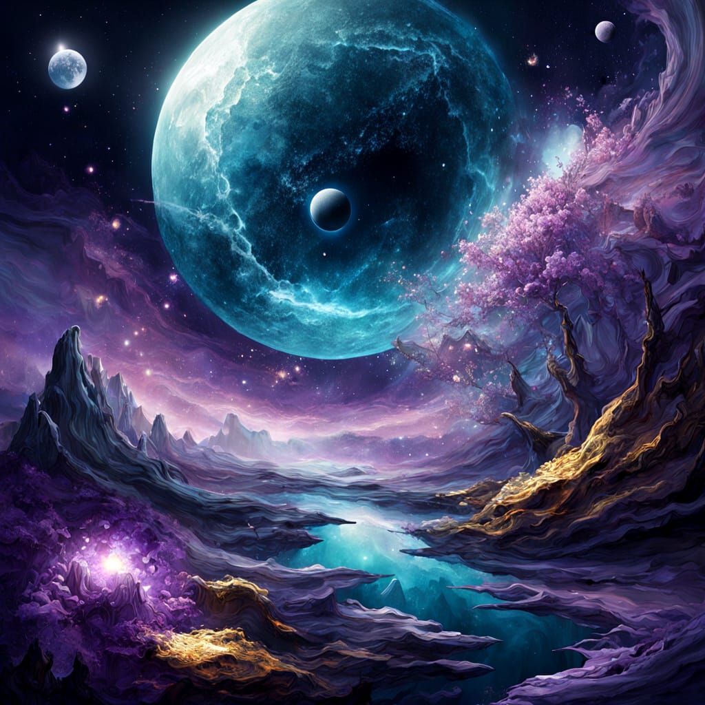 Surreal Galaxy Art: Moon Cracking into Space