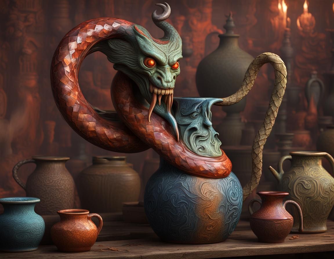 Folk-Art Pottery Devil Face Jug with Snake