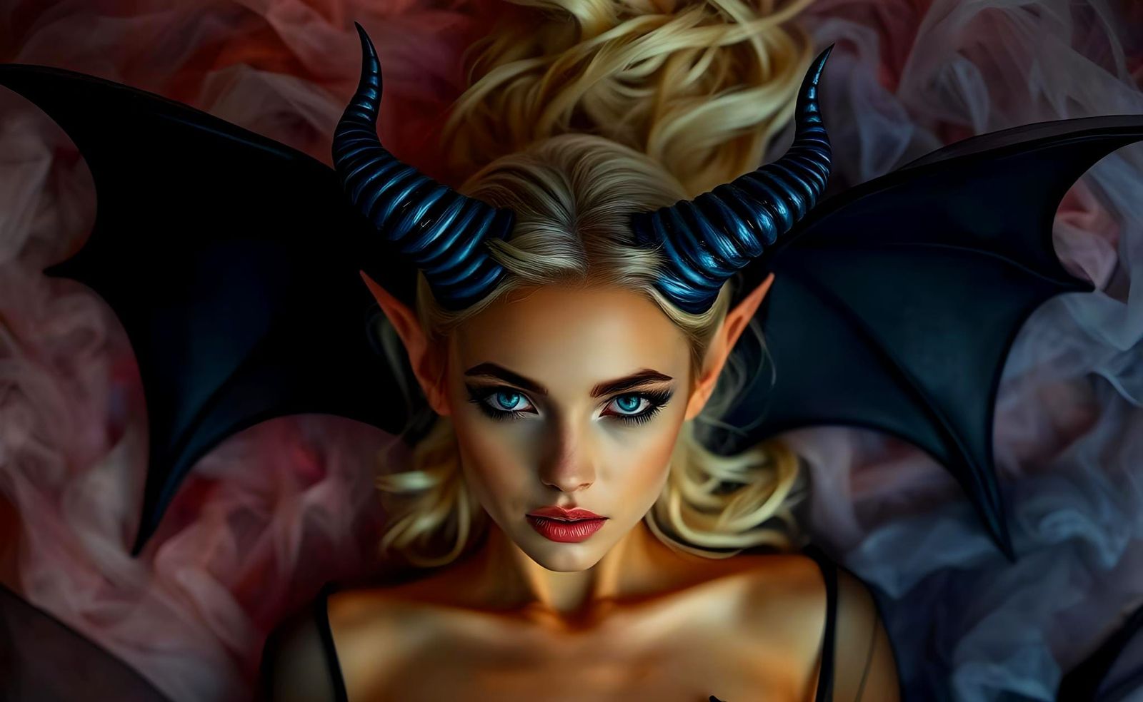 Blond Demon in Black Gown with Blue Horns