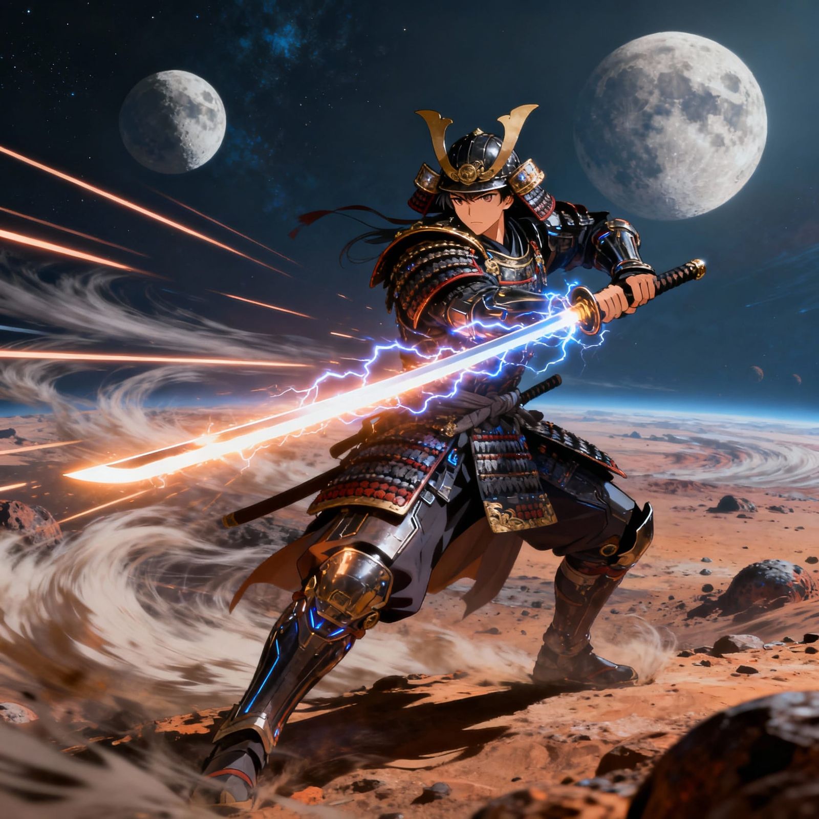 Futuristic Samurai on Alien World with Two Moons