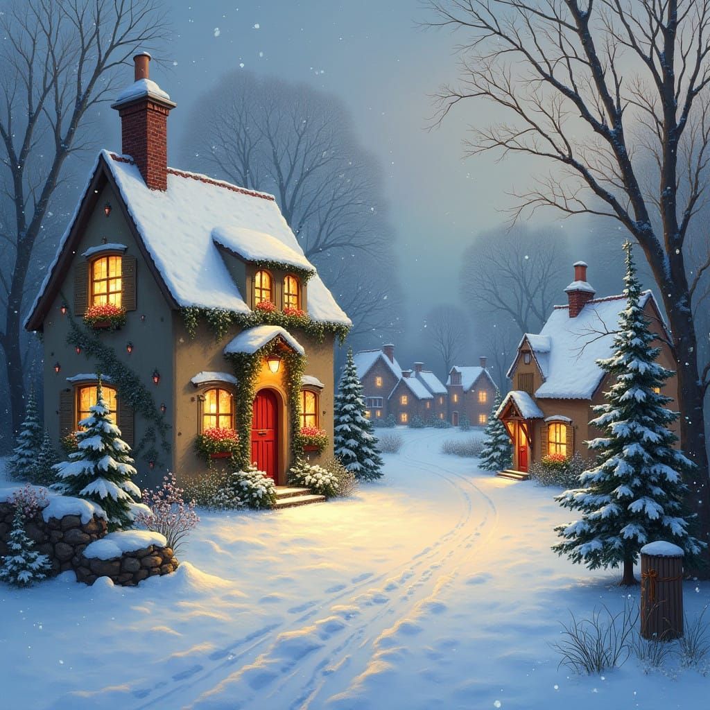 Peaceful Winter Village Scene in Warm Golden Light