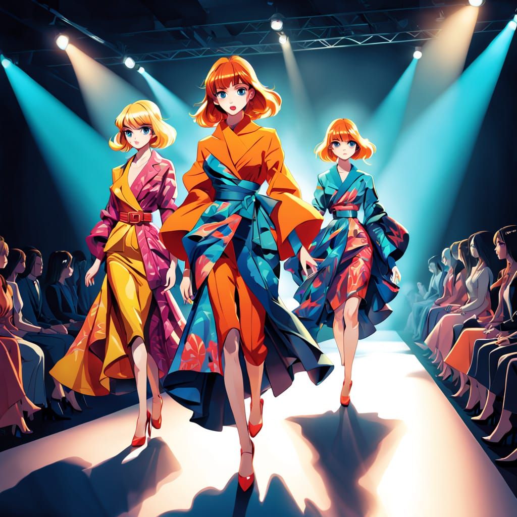 Anime fashion show and runway spotlight. With bold designs, dramatic lighting, and confident struts.