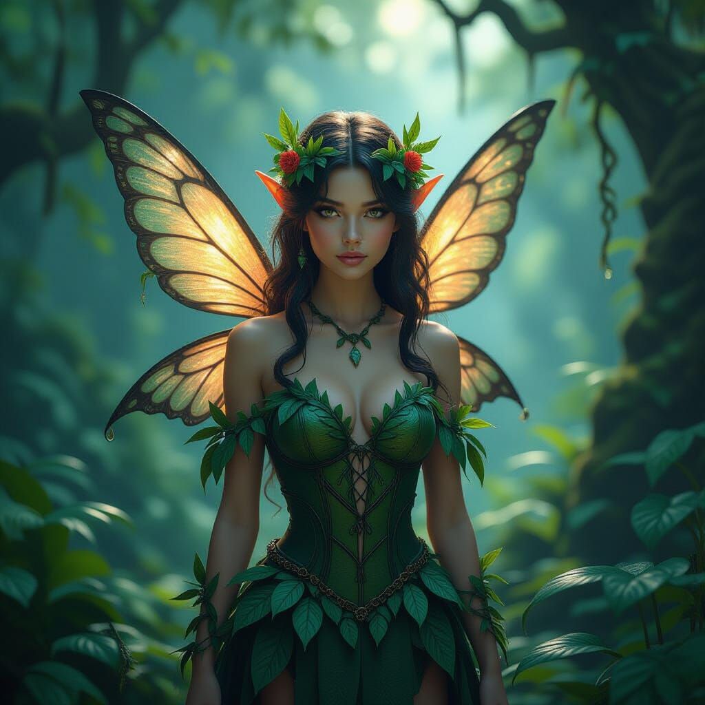 Earth Fairy in Lush Forest, Golden Light, Matte Painting Sty...