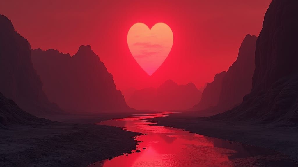 Heart-Shaped Moon over Alien Giger Landscape