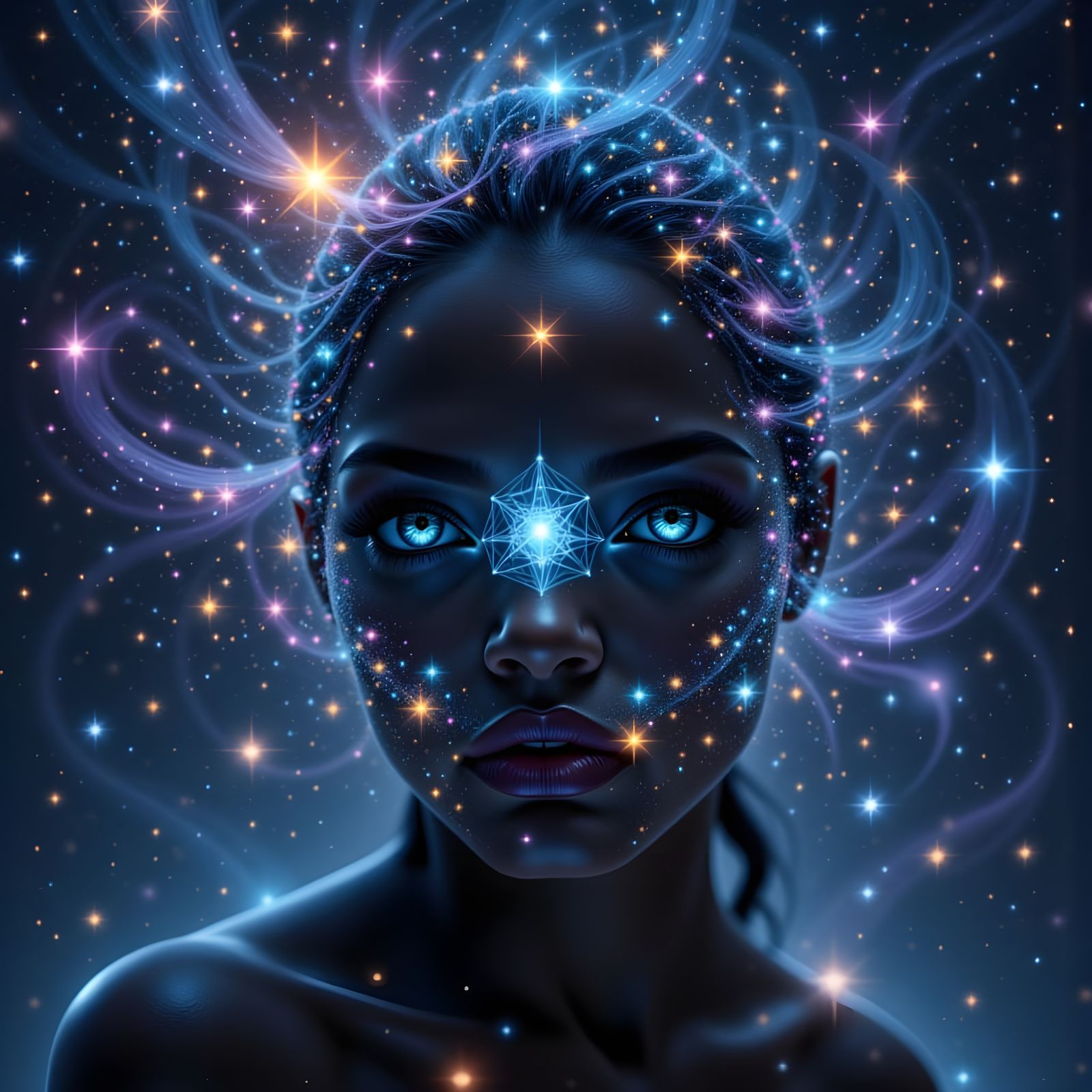 Woman with Iridescent Skin and Cosmic Eyes