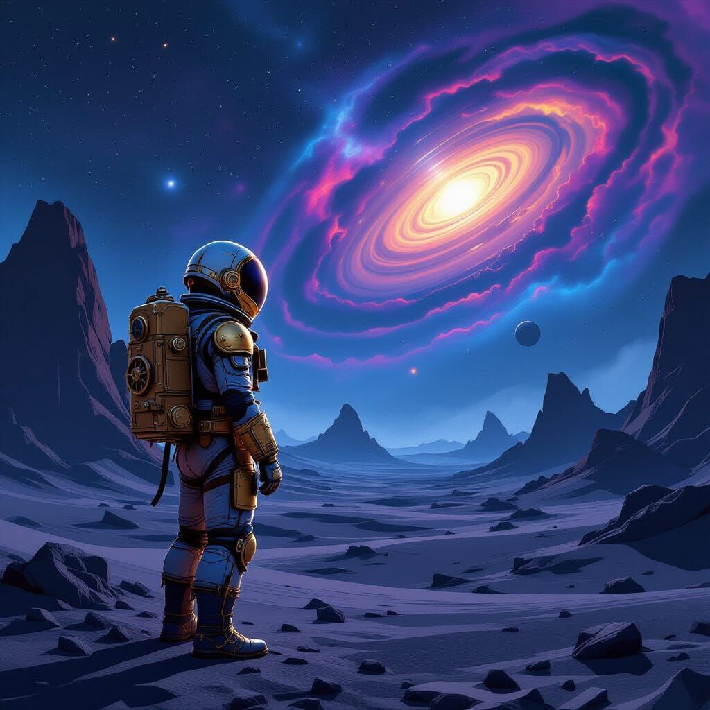 Steampunk Astronaut on Alien World in Nebula Sky