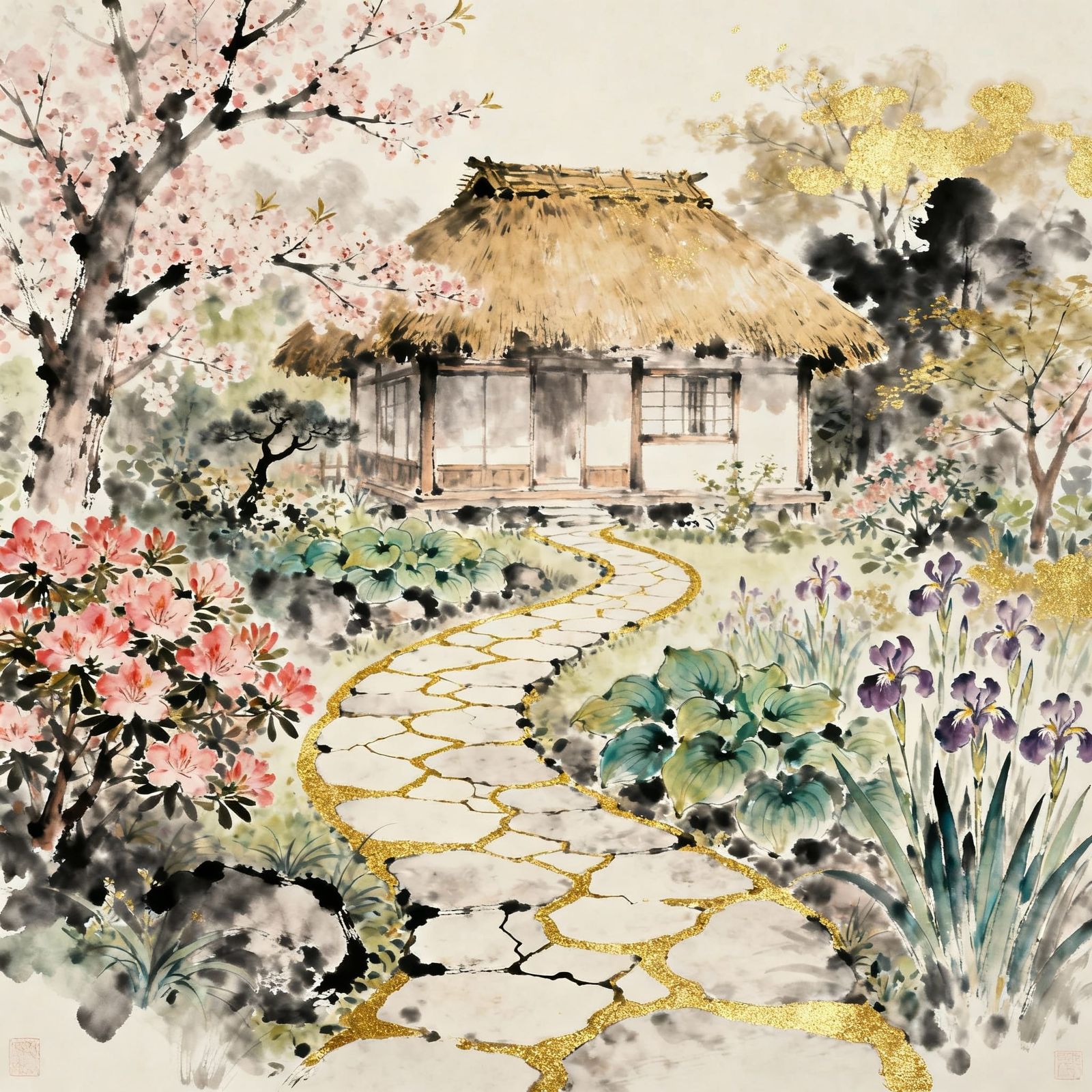 Japanese Garden Path to Cottage with Ink Wash and Gold Accen...