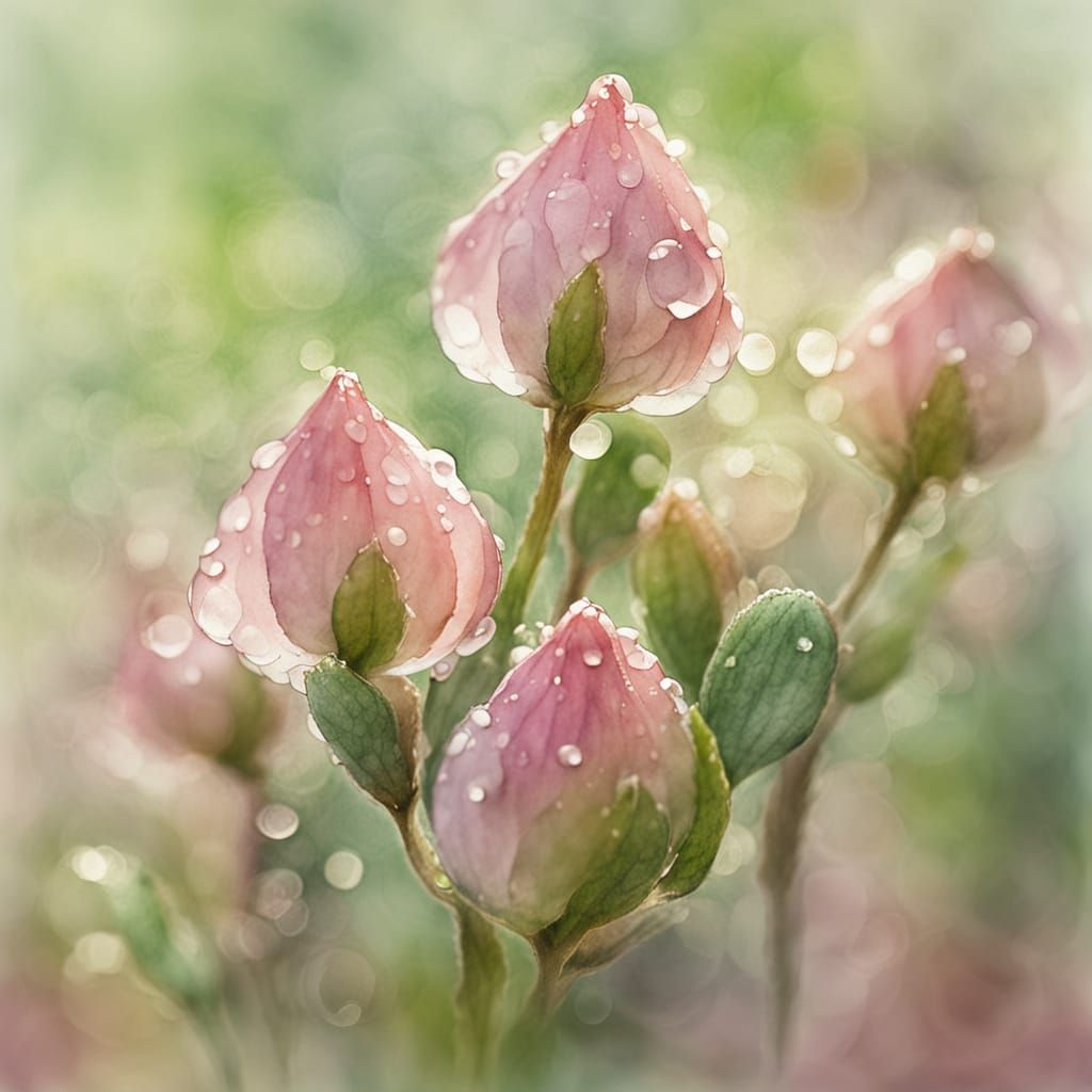 Ethereal Watercolor Flower Buds with Dew Drops