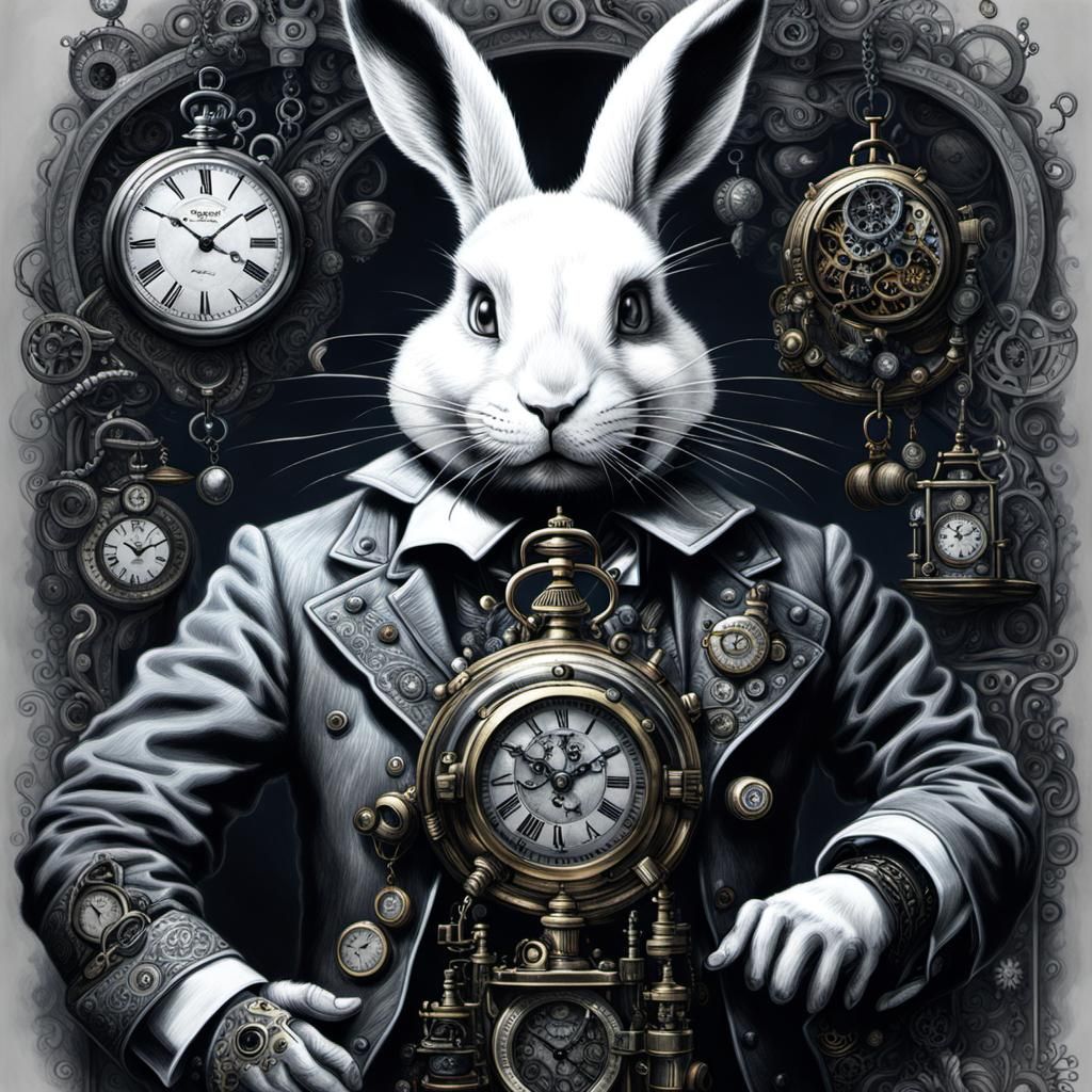 Steampunk Rabbit with Pocket Watches in Charcoal Style