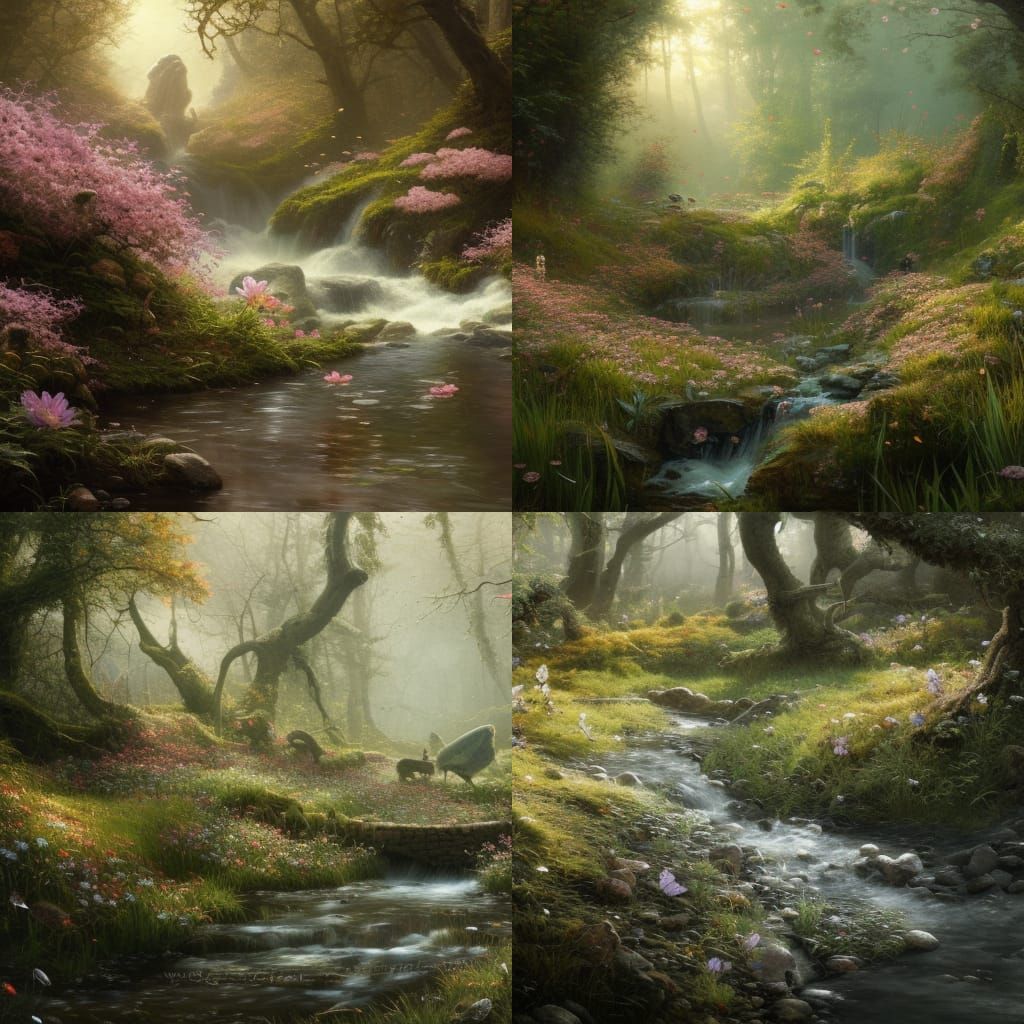 Spring Flowers Adorn a Babbling Brook in Dark Fantasy
