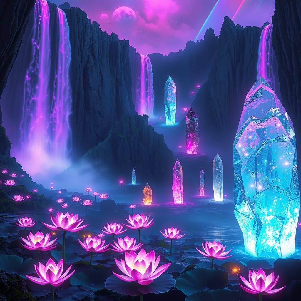 Enchanted Glowing Waterfalls in a Magical Landscape