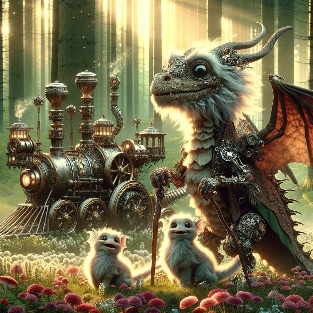 Elderly Dragon and Babies in Hypermaximalist Style