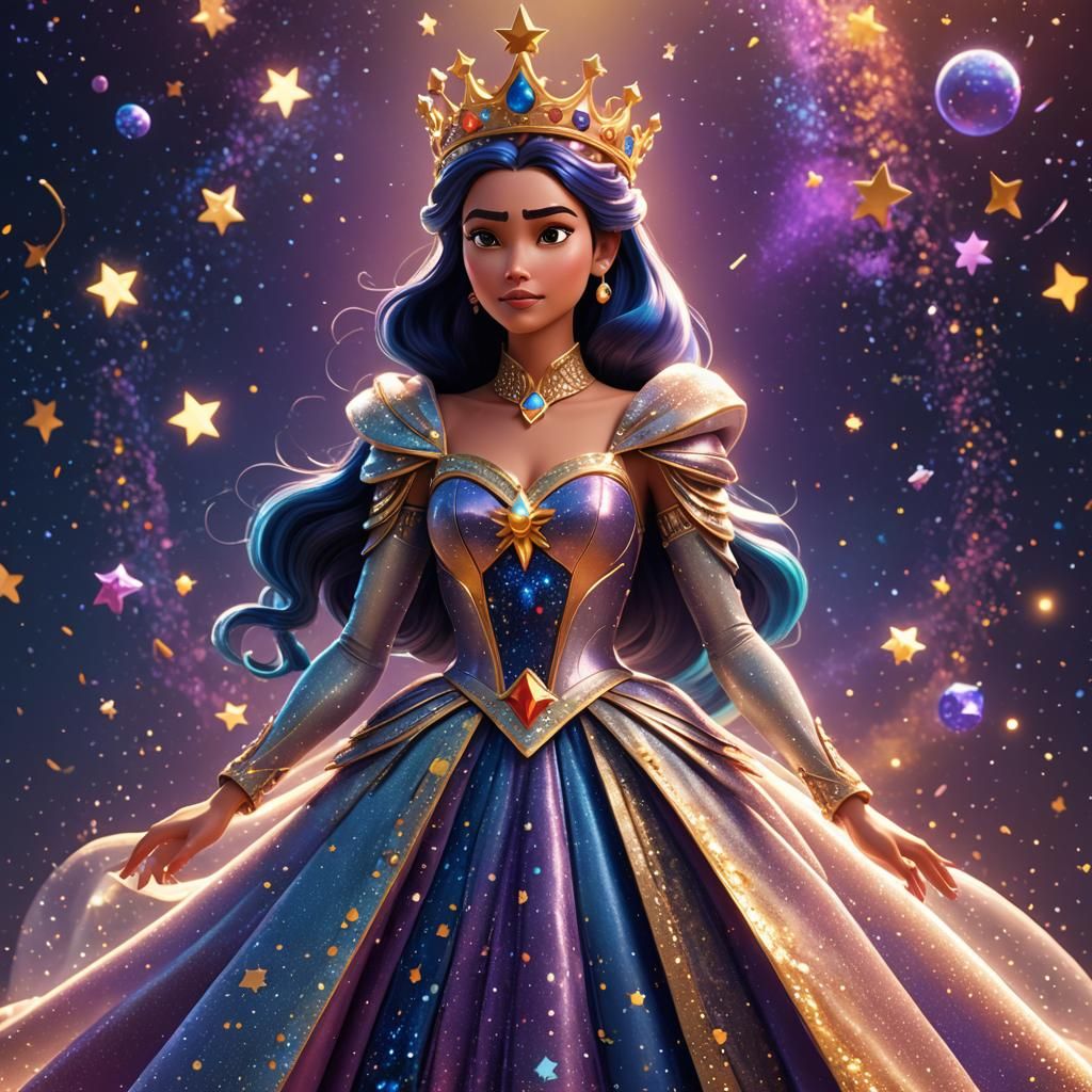 Cosmic Queen in Shimmering Galaxies: 3D Digital Art