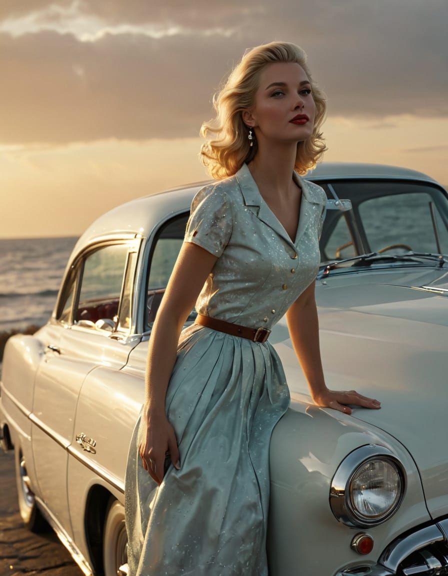 Blonde Model Poses with 1950s Car at Sunset