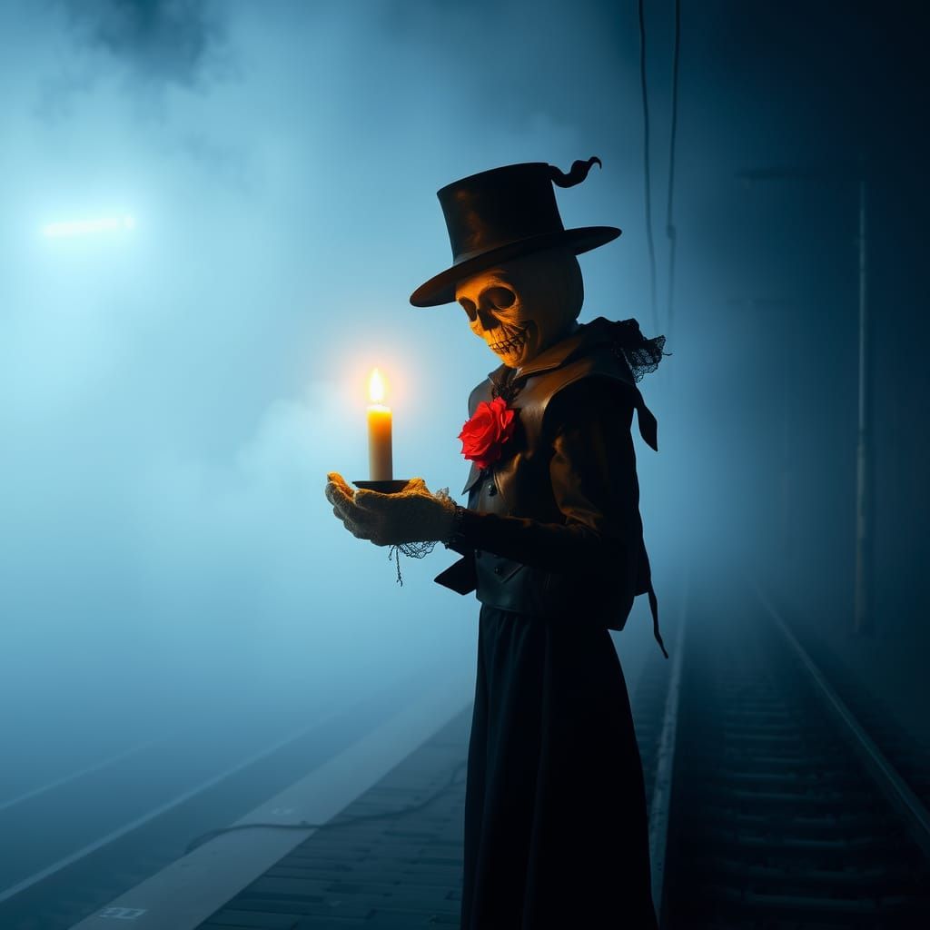 Eerie Scarecrow on Foggy Platform with Candle