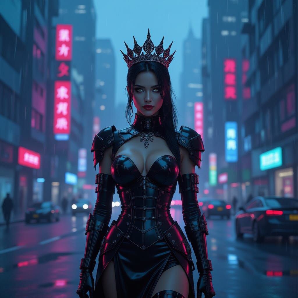 Cybernetic Raspberry Queen in Dystopian Neon City