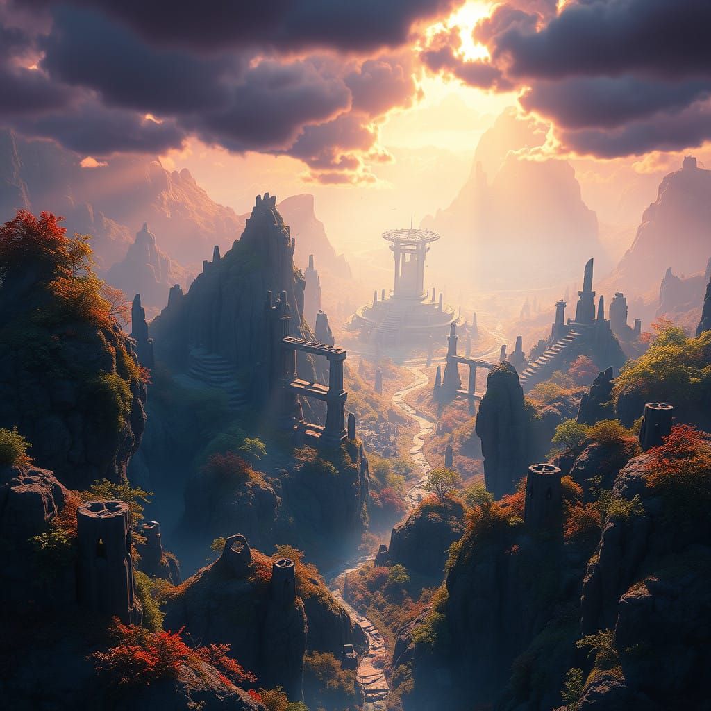 Mystical Golden Landscape Unfolds in Dreamlike Fantasy Realm