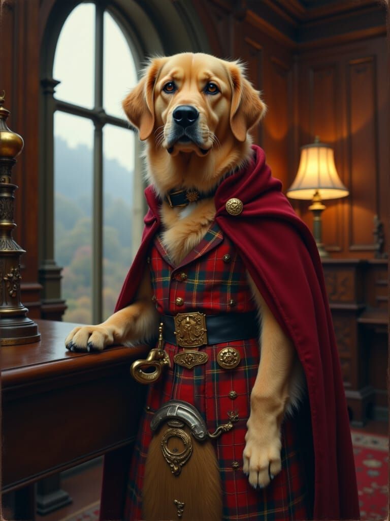 Golden Retriever Laird in Scottish Castle Oil Painting