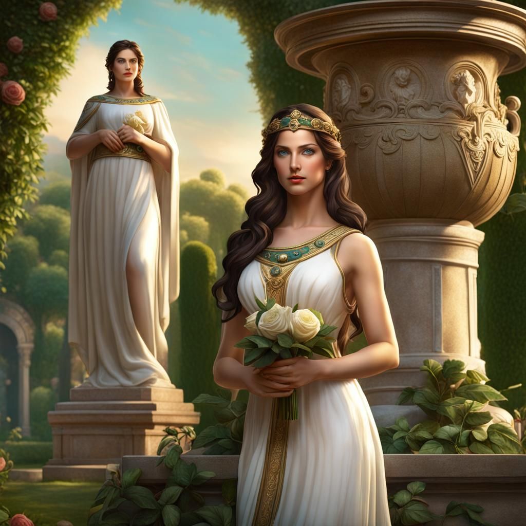 Beautiful Villager in Roman Garden with Athena Statue