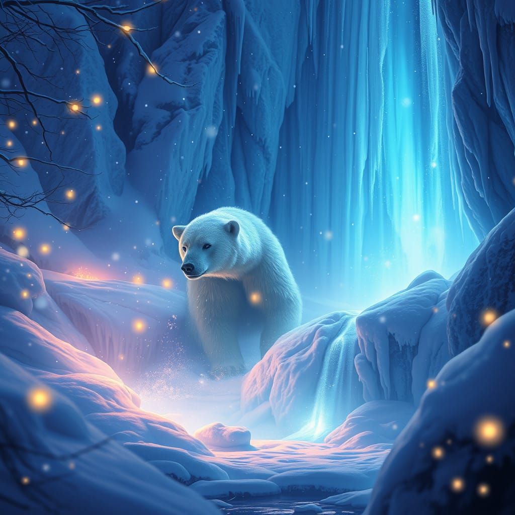 Mystical Winter Waterfall with Glowing Ice Bear and Ethereal...