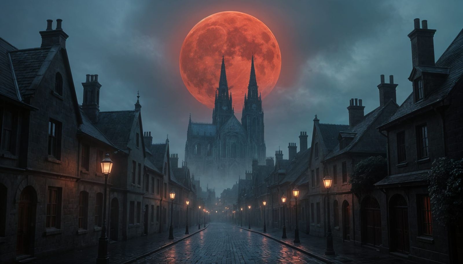 Eerie Gothic Town Under Blood Moon