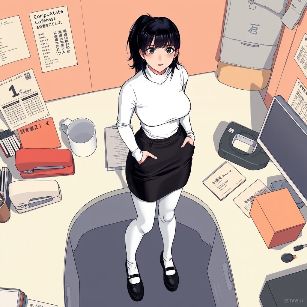 Surreal Anime Goddess Surrounded by Giant Office Supplies in...