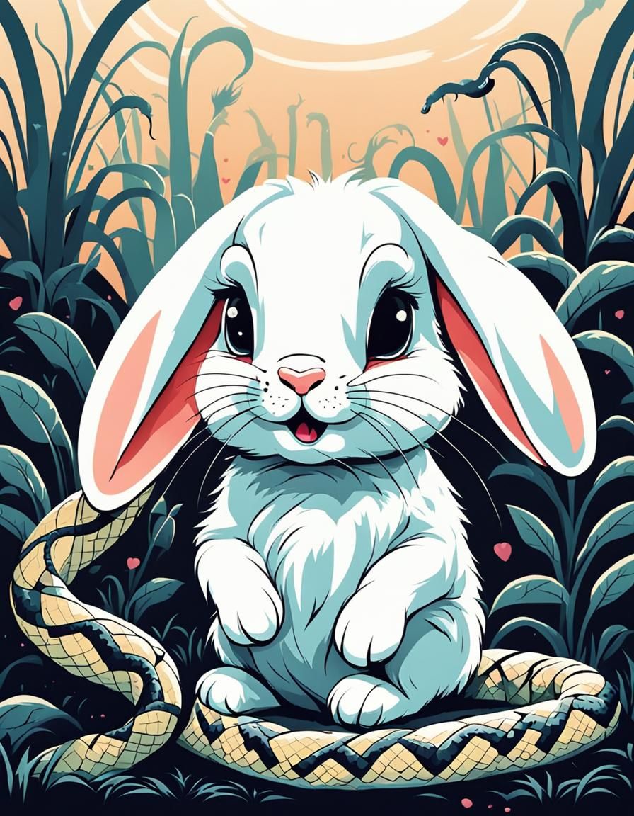 an adorable cute naive bunny is unaware that is about to be eaten by a cruel dark eyed scary snake