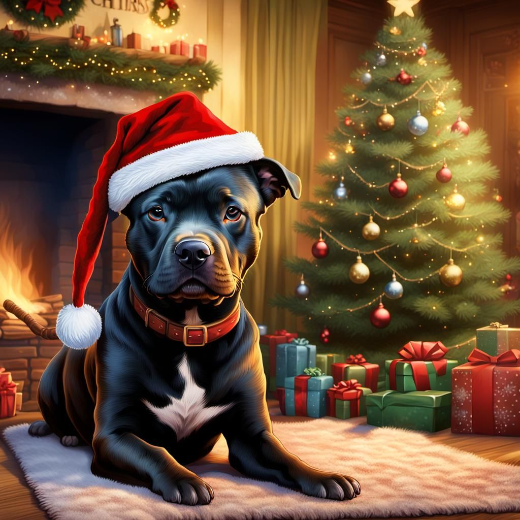 Festive Staffordshire Terrier in Santa Hat by Fire