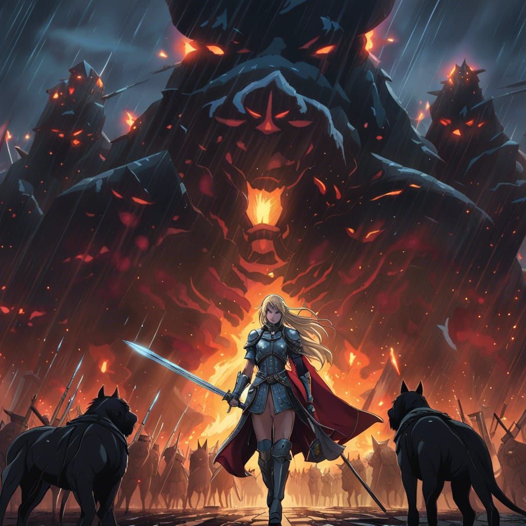 Furious Knight Leads Army with Mastiff in Anime Style