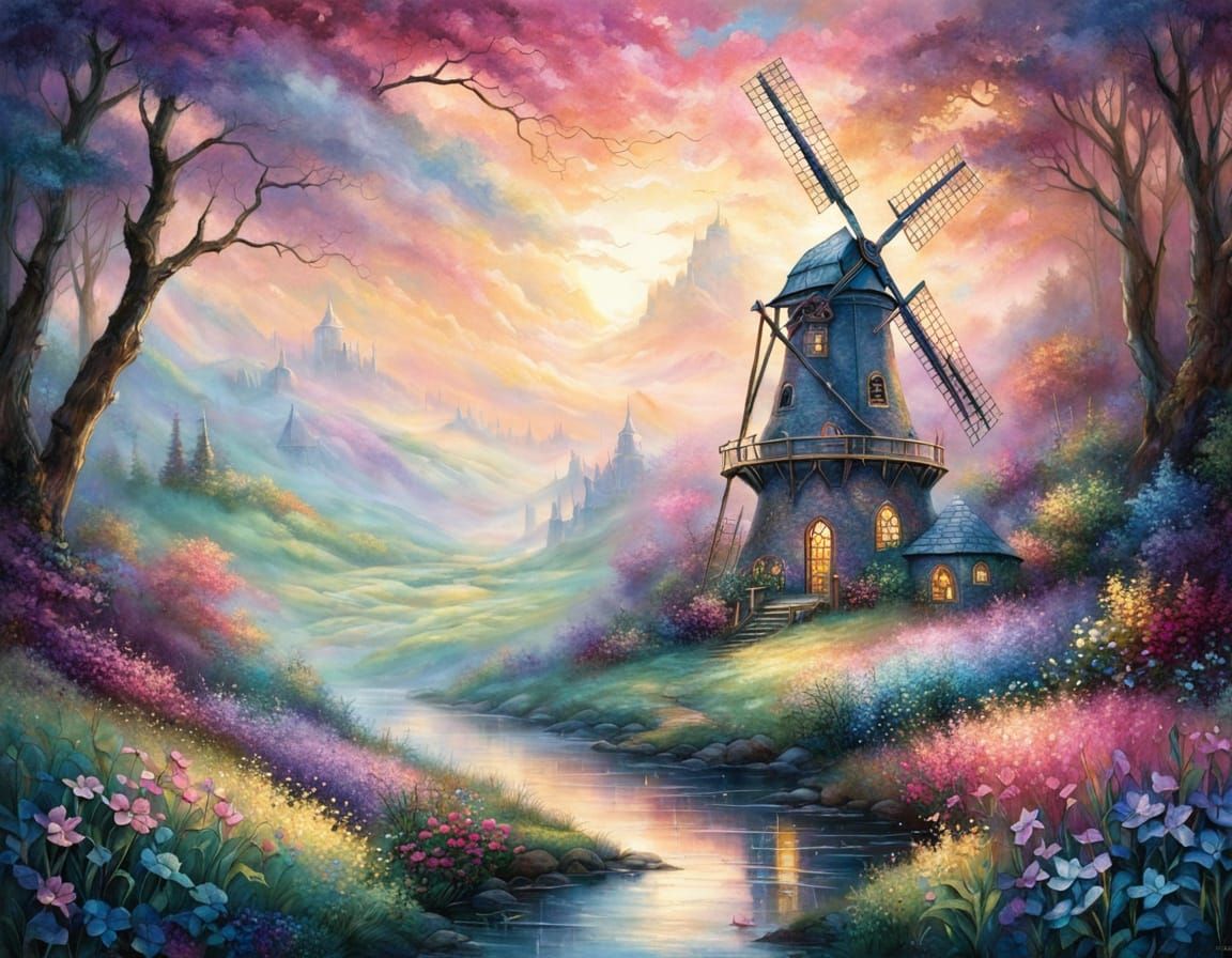 Ethereal Stained Glass Windmill Window in Vibrant Fantasy Hu...