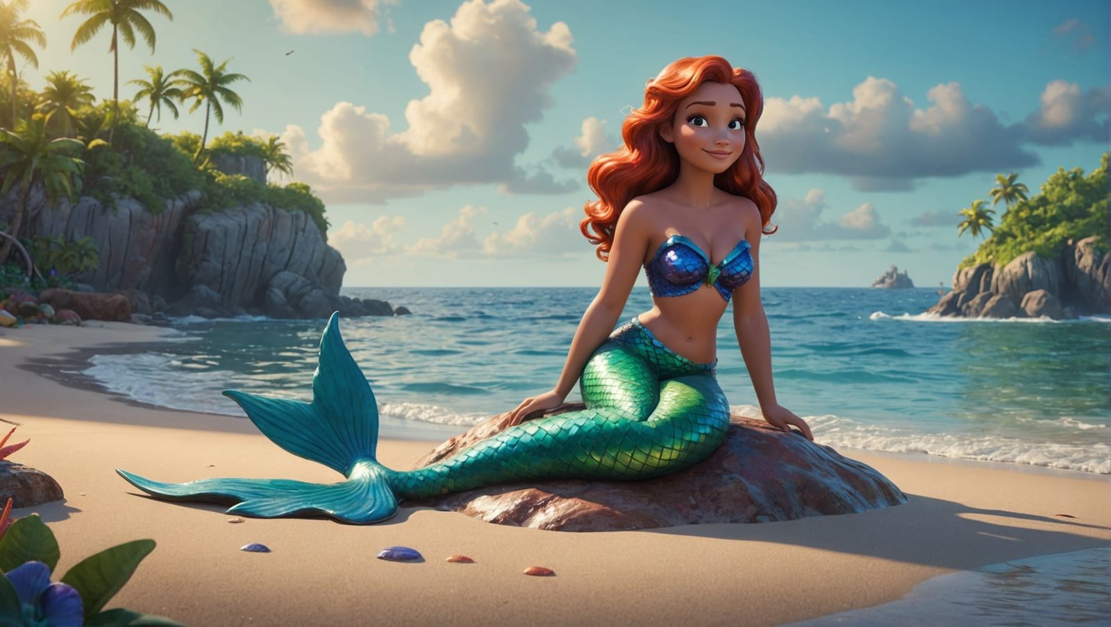 Voluptuous Mermaid Washed Ashore: Pixar-Style 3D Art