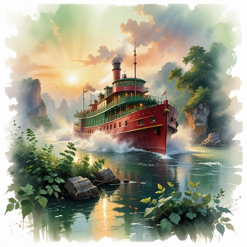 Paddle Steamer at Dawn in Emerald Bay