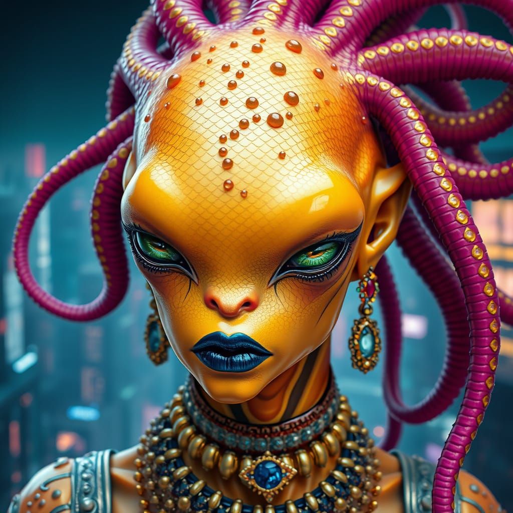 Cyberpunk Alien Goddess in Futuristic City