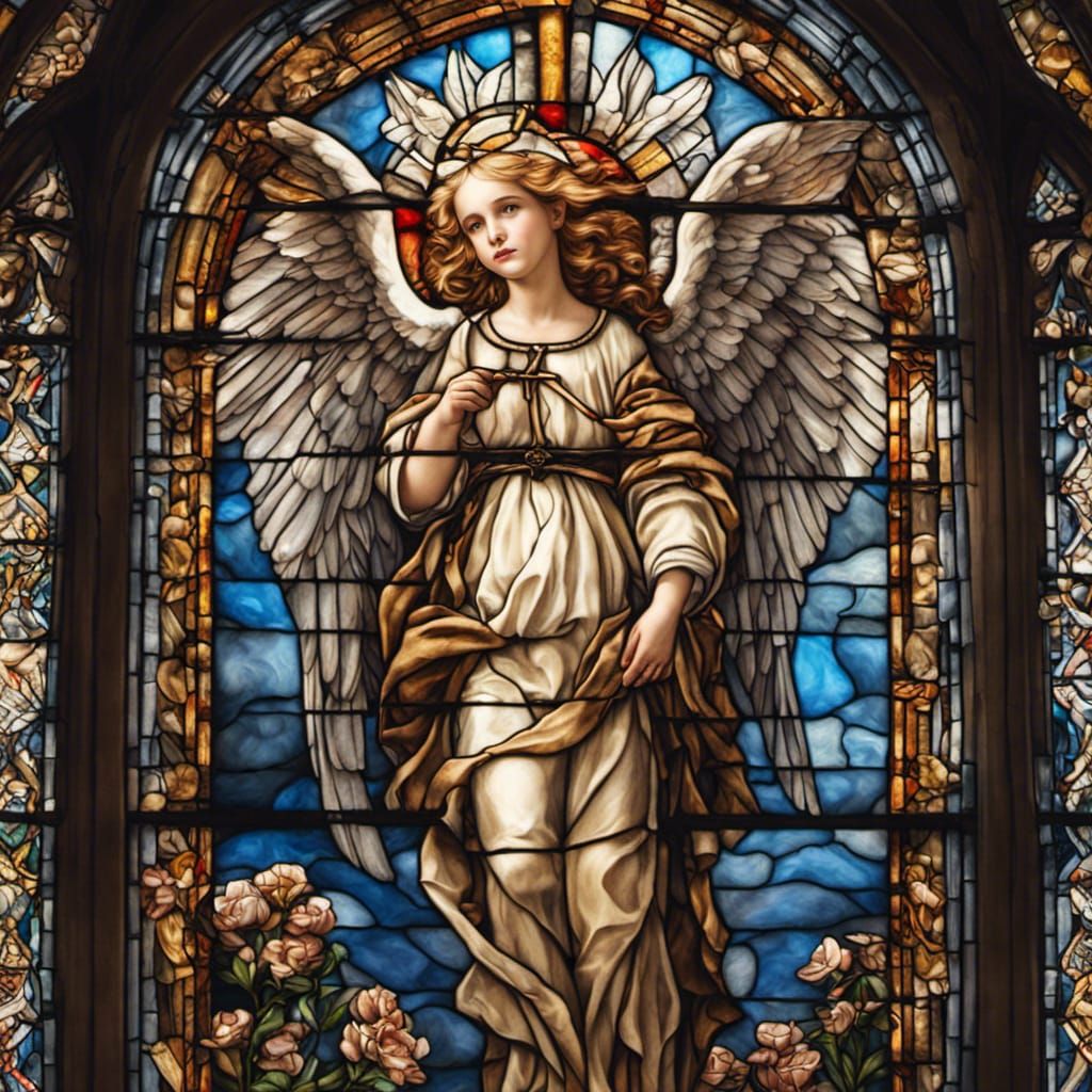 Heavenly Angel Depicted in Stained Glass Oil Painting
