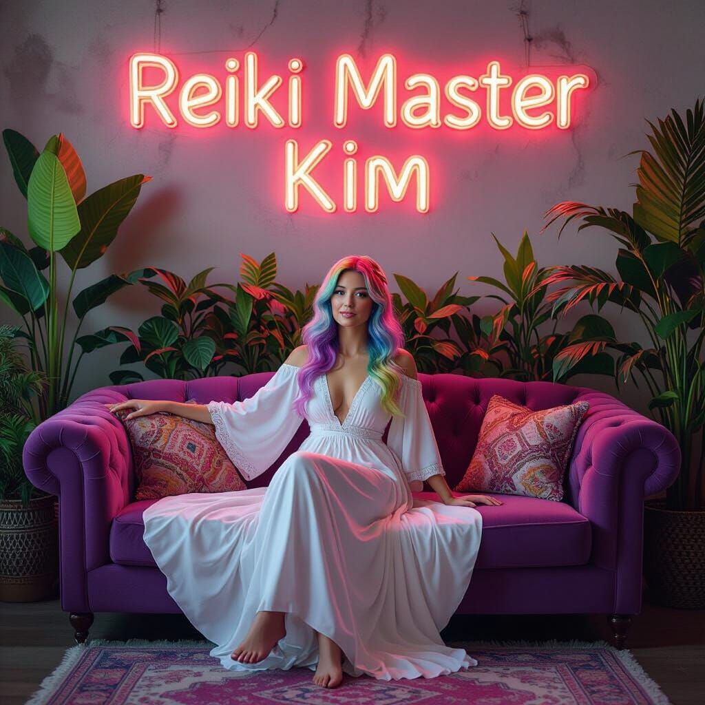 Rainbow Haired Woman on Purple Couch, in Claymation Style