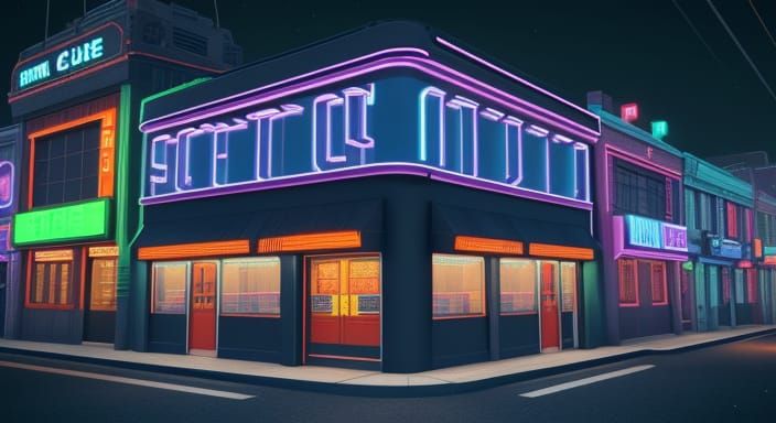 Retro Futuristic Arcade Building Under Neon Lights