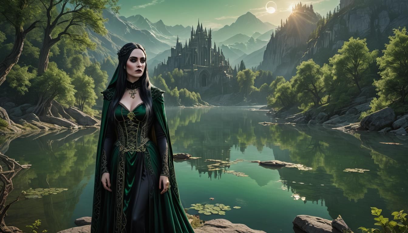 Gothic Enchantress in Emerald Woodland, Hyperrealistic Portr...