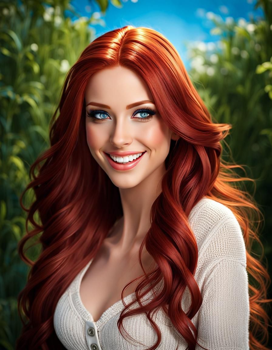 Realistic Portrait of a Smiling Redhead Woman