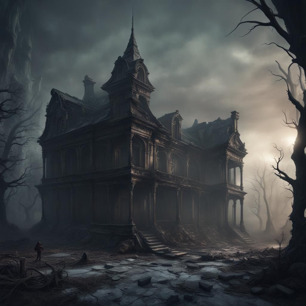 Eerie Abandoned Buildings in Dark Art Style