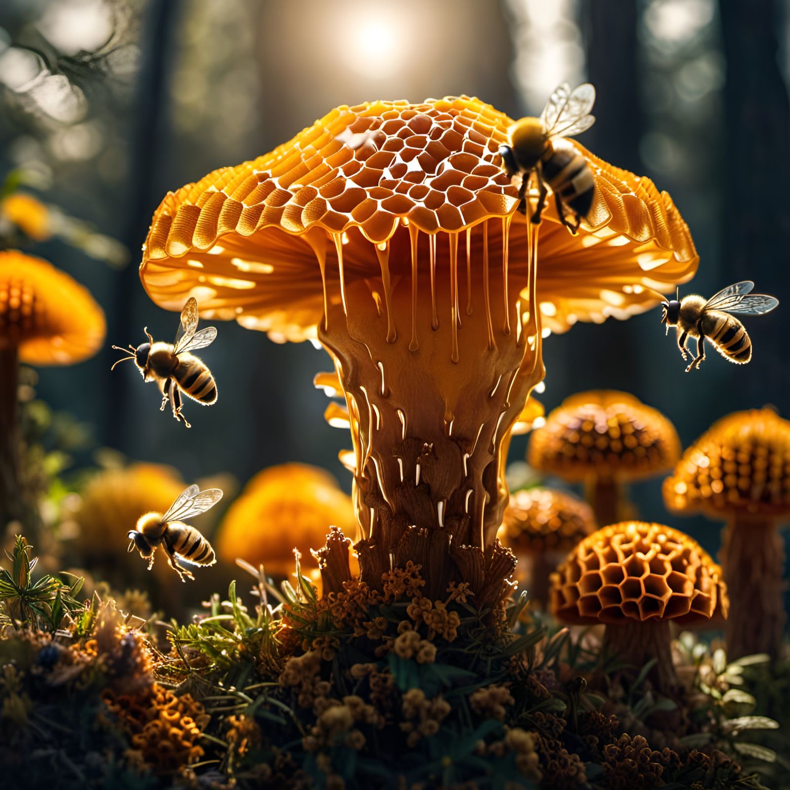 Honeycomb Shroom Forest with Bees and Bear