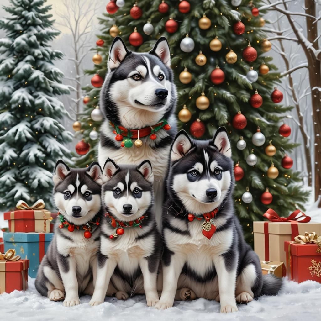 Husky Family in Winter Wonderland