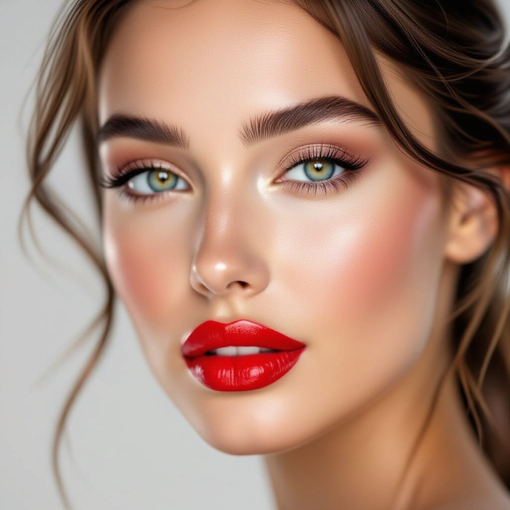 Beautiful Woman Portrait with Glowing Skin and Red Lipstick