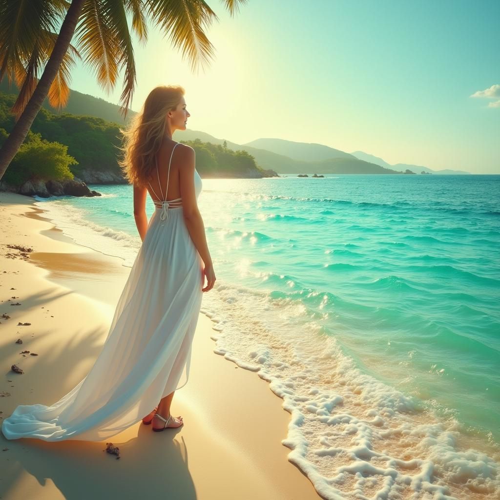 Woman at Sunset on Tranquil Turquoise Ocean