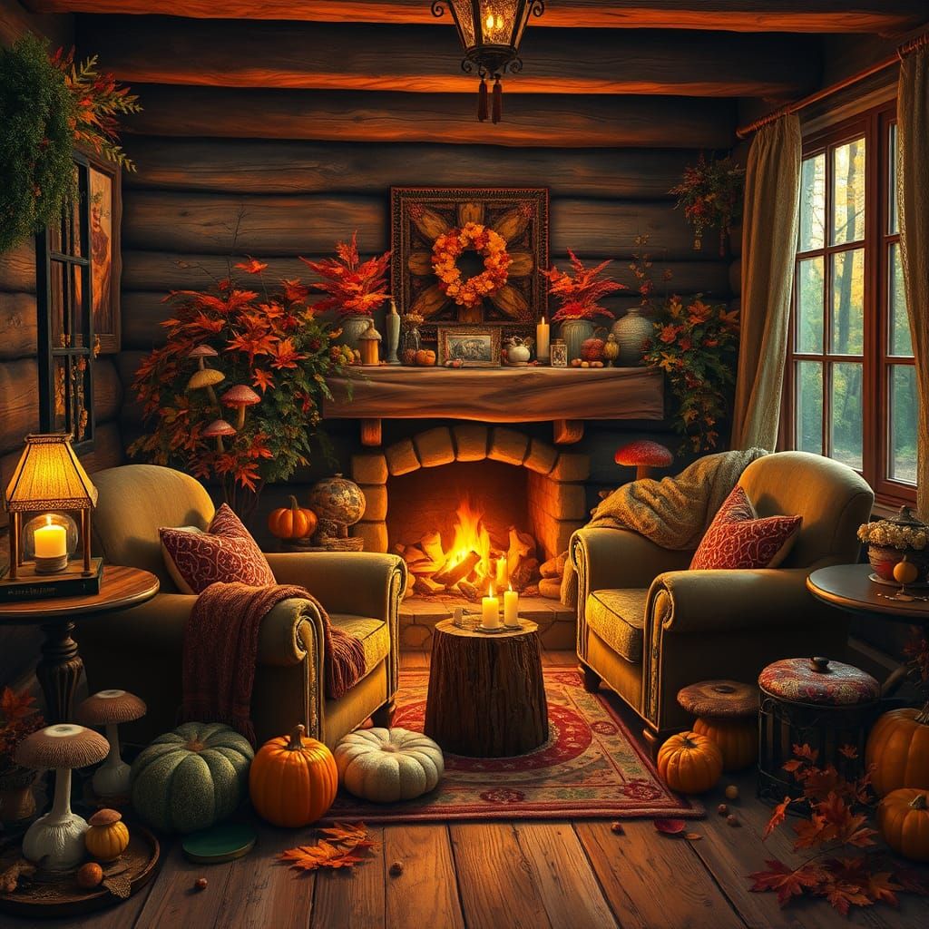 Cozy Autumn Room with Mushroom Decor in Oil Painting Style